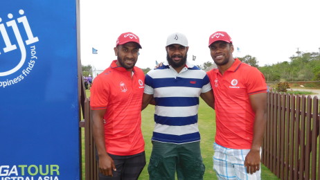 Vodafone Fiji 7s players Osesa Kolinisau and Emosi Mulevoro with Melbourne Storm Rugby League player Marika Koroibete